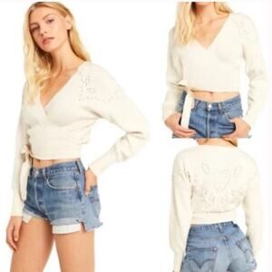 Wildfox Wilder Mock Pearl Embellished Wrap Sweater Top Cream Sz S Coquette Glam
